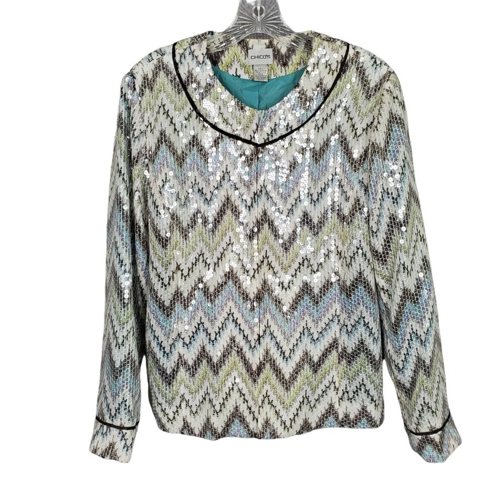 Chicos 2 Size L Jacket Sequin Blazer Zig-Zag Shimmer Chevron Fitted Sparkle